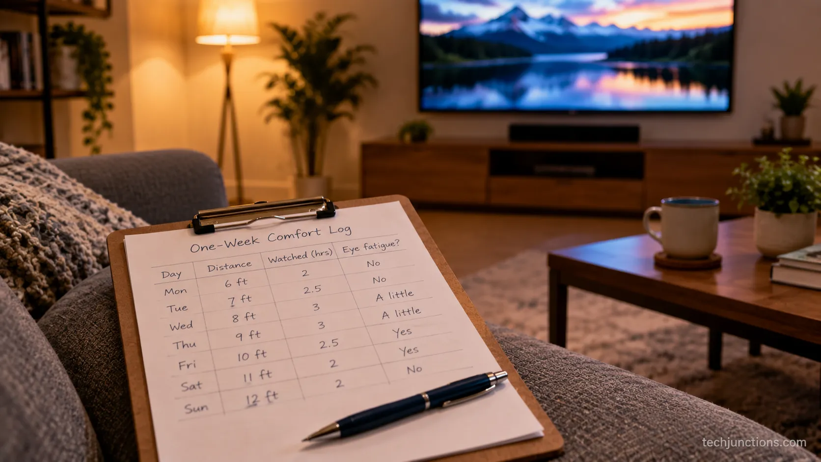 Handwritten comfort log tracking eye fatigue against tv viewing distance beside a sofa.
