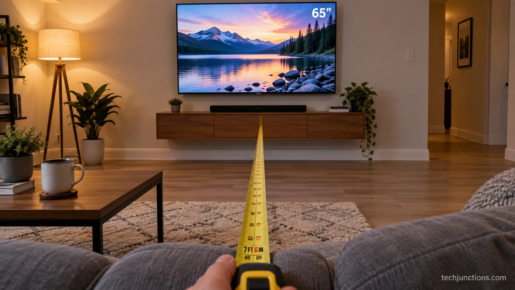 Tape measure showing tv viewing distance from a sofa to a 65-inch television in a living room.