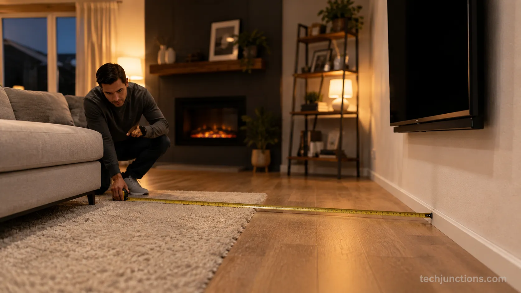 Measuring the viewing distance from a sofa to a wall-mounted television.