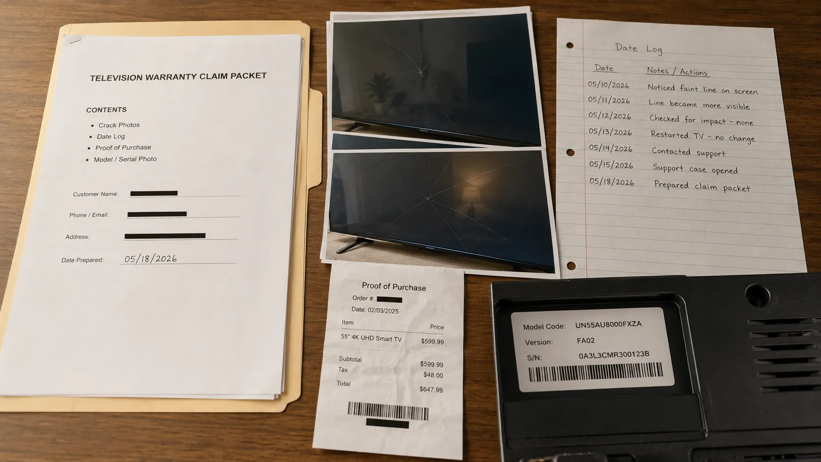 Flat lay of a TV warranty claim packet with crack photos, date log, proof of purchase receipt, and model and serial number sticker prepared for a screen damage claim.