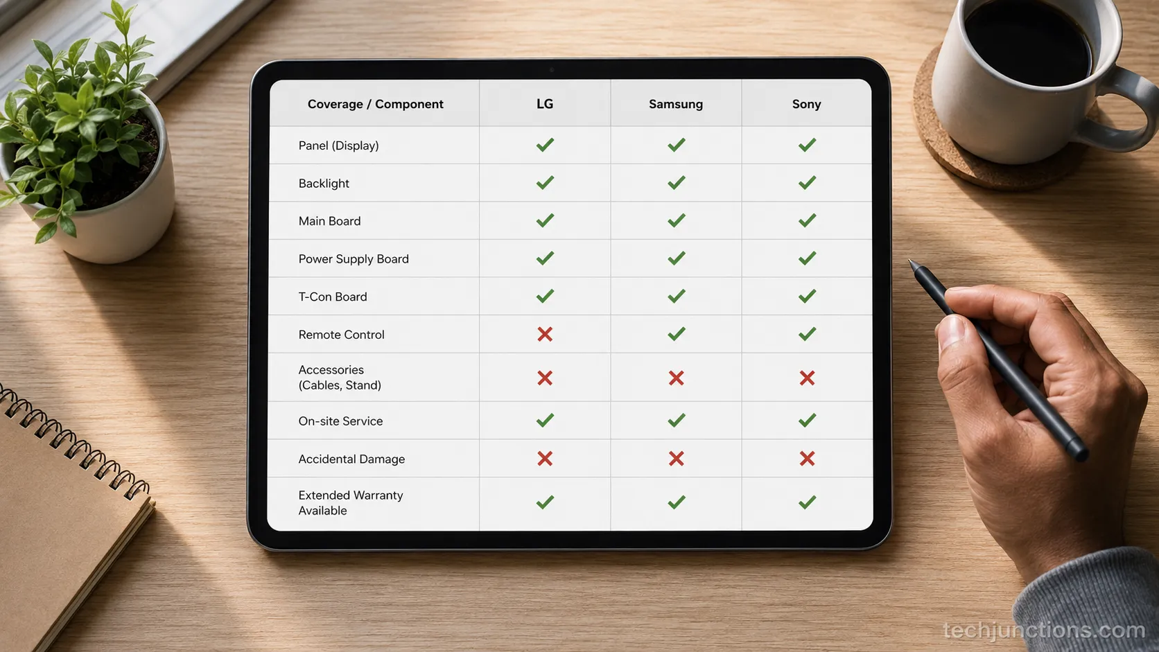 Tablet showing a covered-versus-excluded TV warranty comparison table for TCL, Samsung and LG.