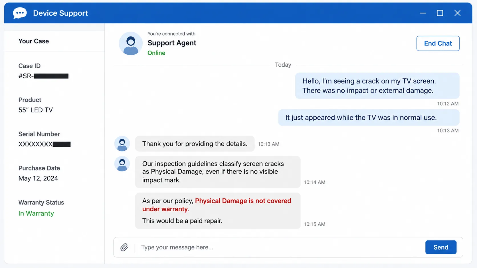 Illustration of a TV manufacturer support chat explaining that a no-impact screen crack is classified as physical damage and is not covered under the standard warranty.