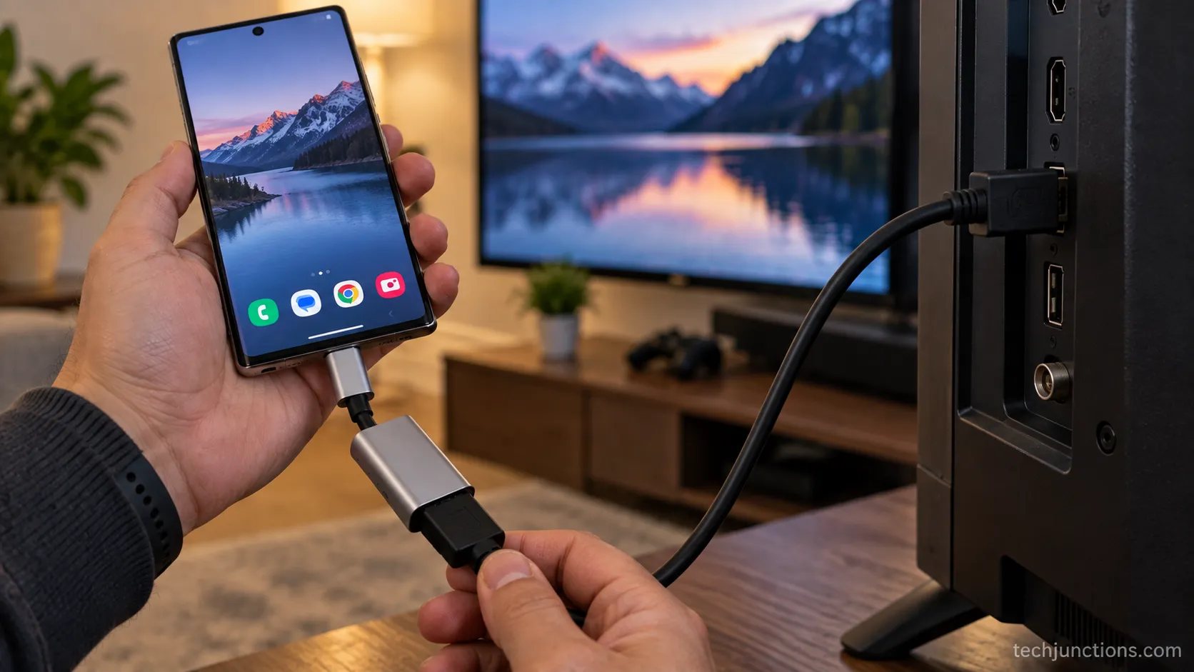 USB-C to HDMI adapter connecting an Android phone to a Samsung TV.