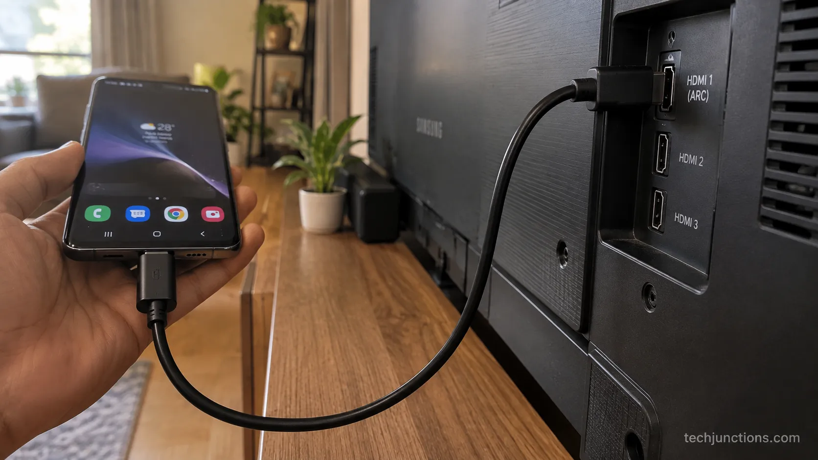 USB-C to HDMI cable mirroring a Samsung phone to a Samsung TV.