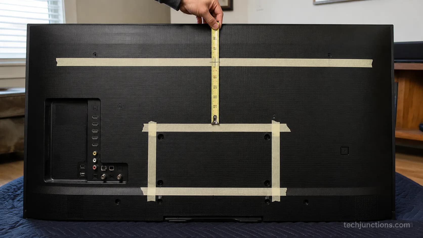 TV rear VESA plate marked relative to the screen center for mount height