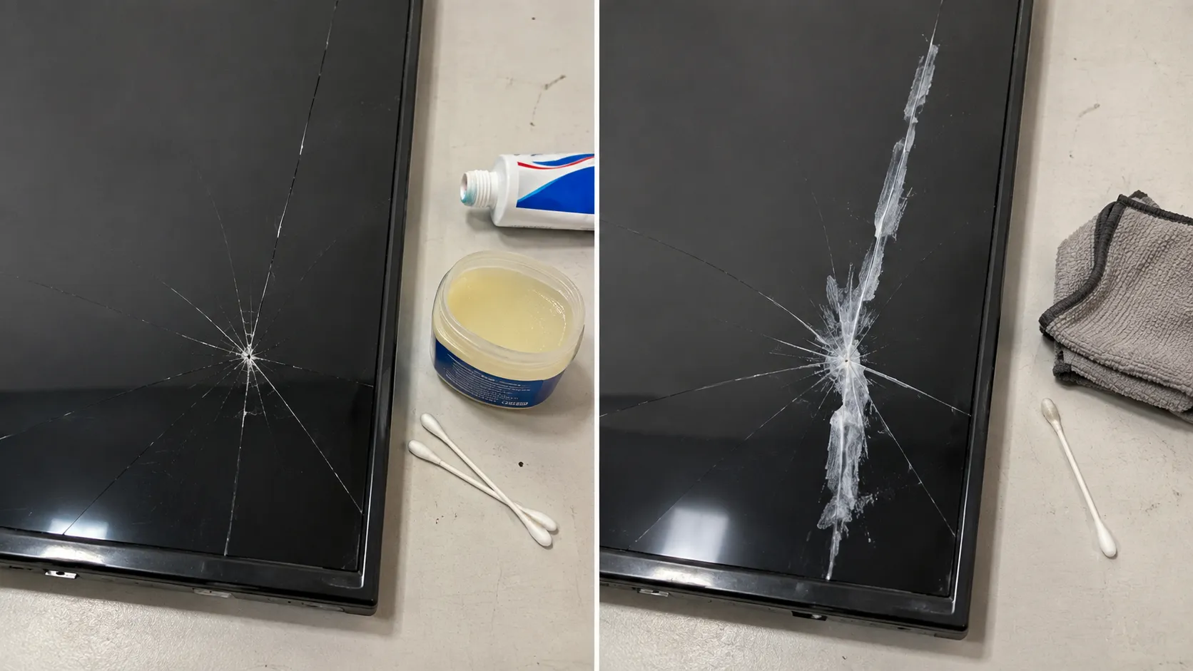 Toothpaste and Vaseline tested on a cracked TV panel, before and after.