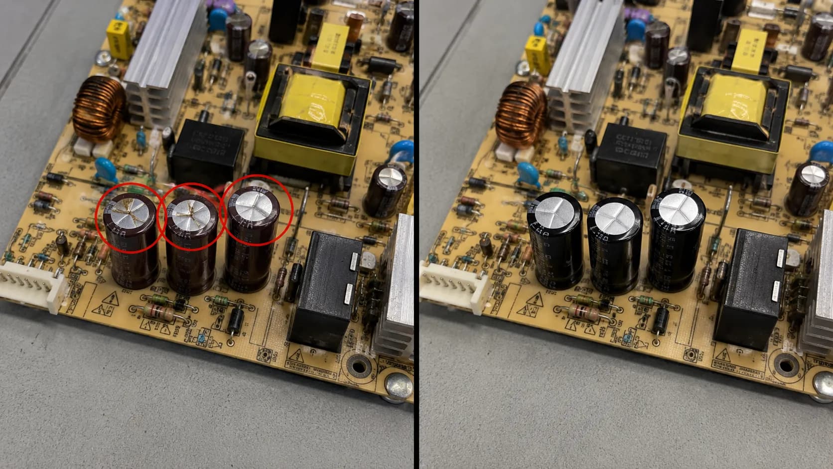 Side-by-side view of a Vizio TV power board before and after replacing three swollen capacitors, comparing the failed components with newly soldered replacements.