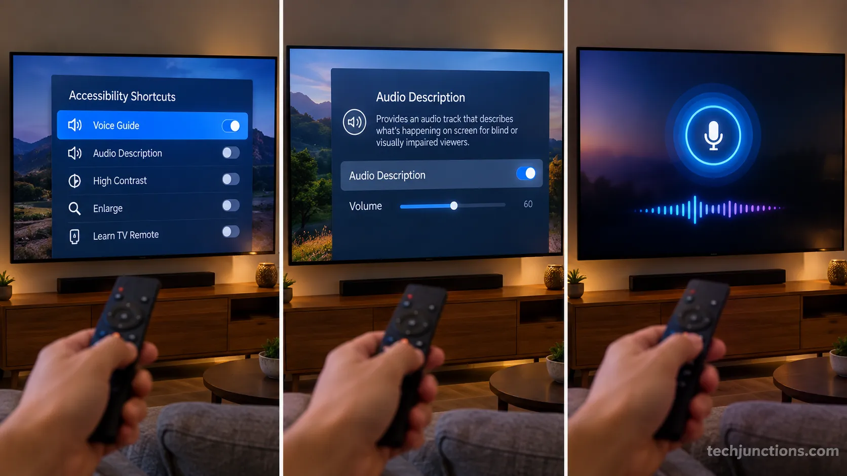 Three Samsung TV voice features side by side: Voice Guide, Audio Description, and Bixby.