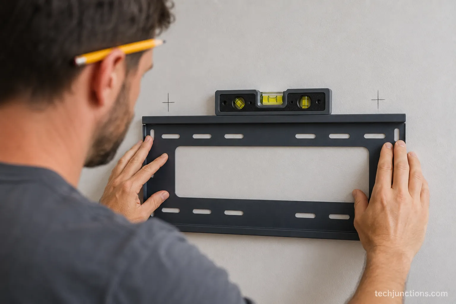 Wall mount plate marked at the correct bracket-hole height with a spirit level.