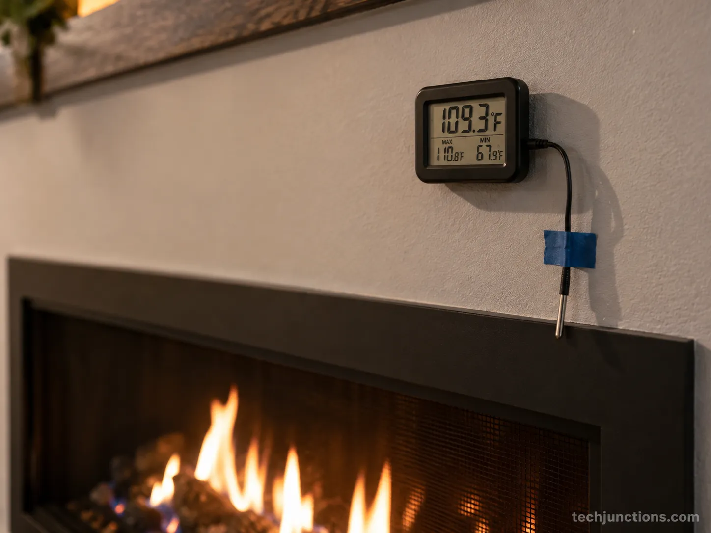 Thermometer taped to the wall measuring temperature above a gas fireplace