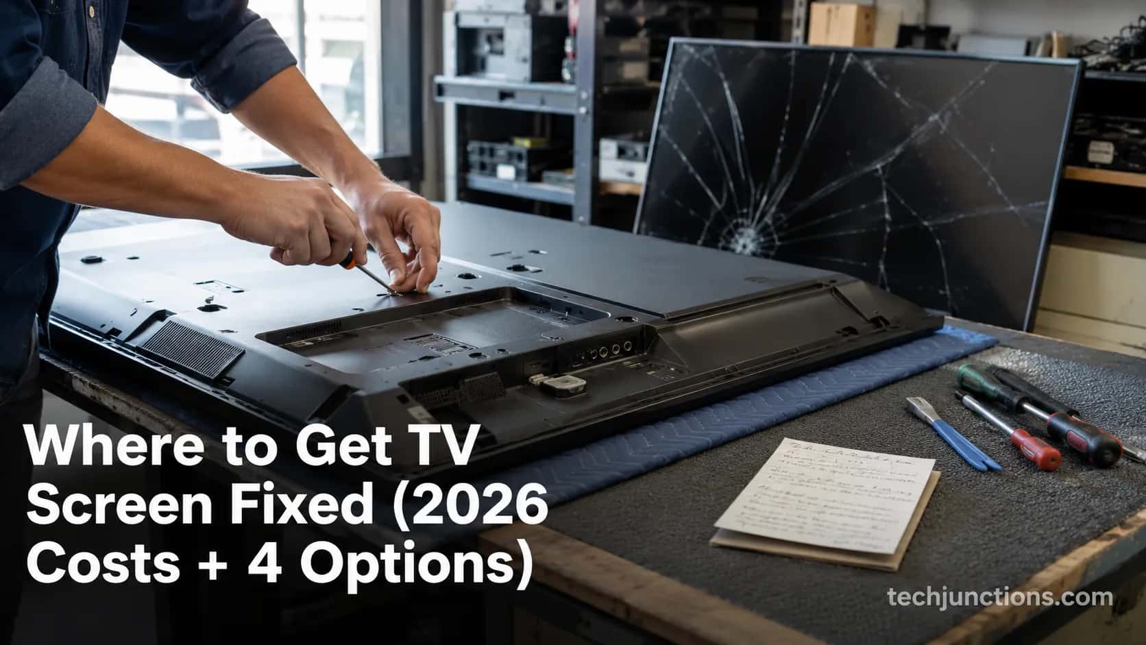 technician inspecting a cracked flat-screen TV at a repair shop bench