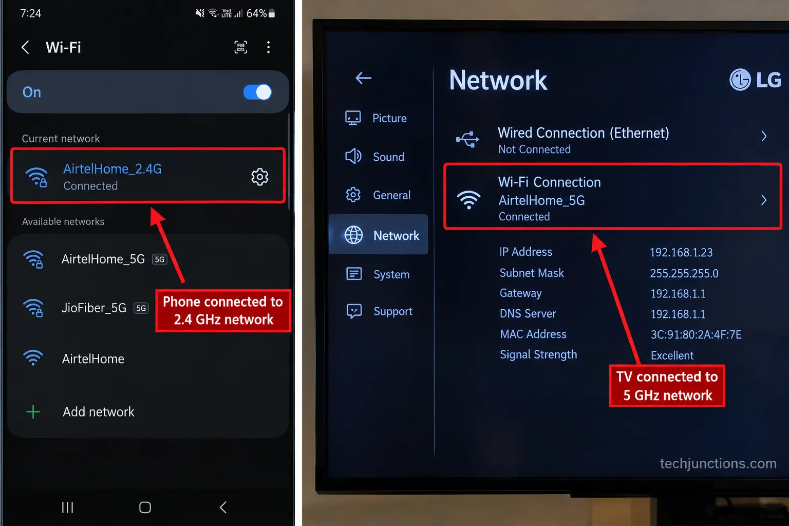Samsung phone on 2.4 GHz and TV on 5 GHz showing a Wi-Fi band mismatch.