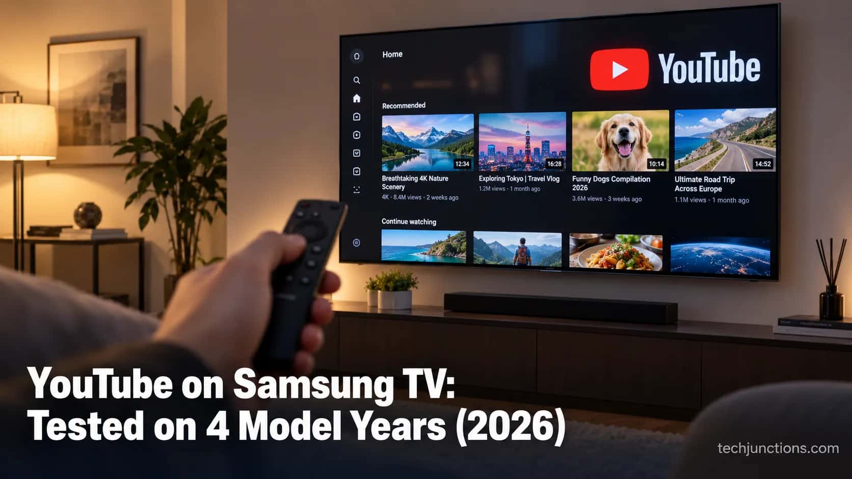 YouTube app open on a Samsung smart TV with a remote pointed at the screen