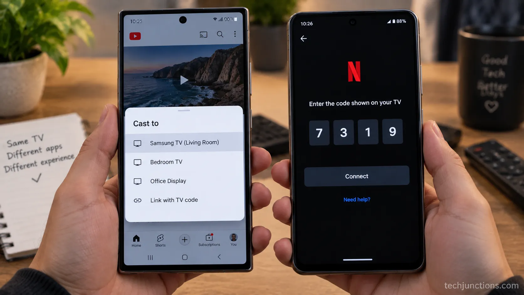YouTube cast device list next to a Netflix pairing-code screen.